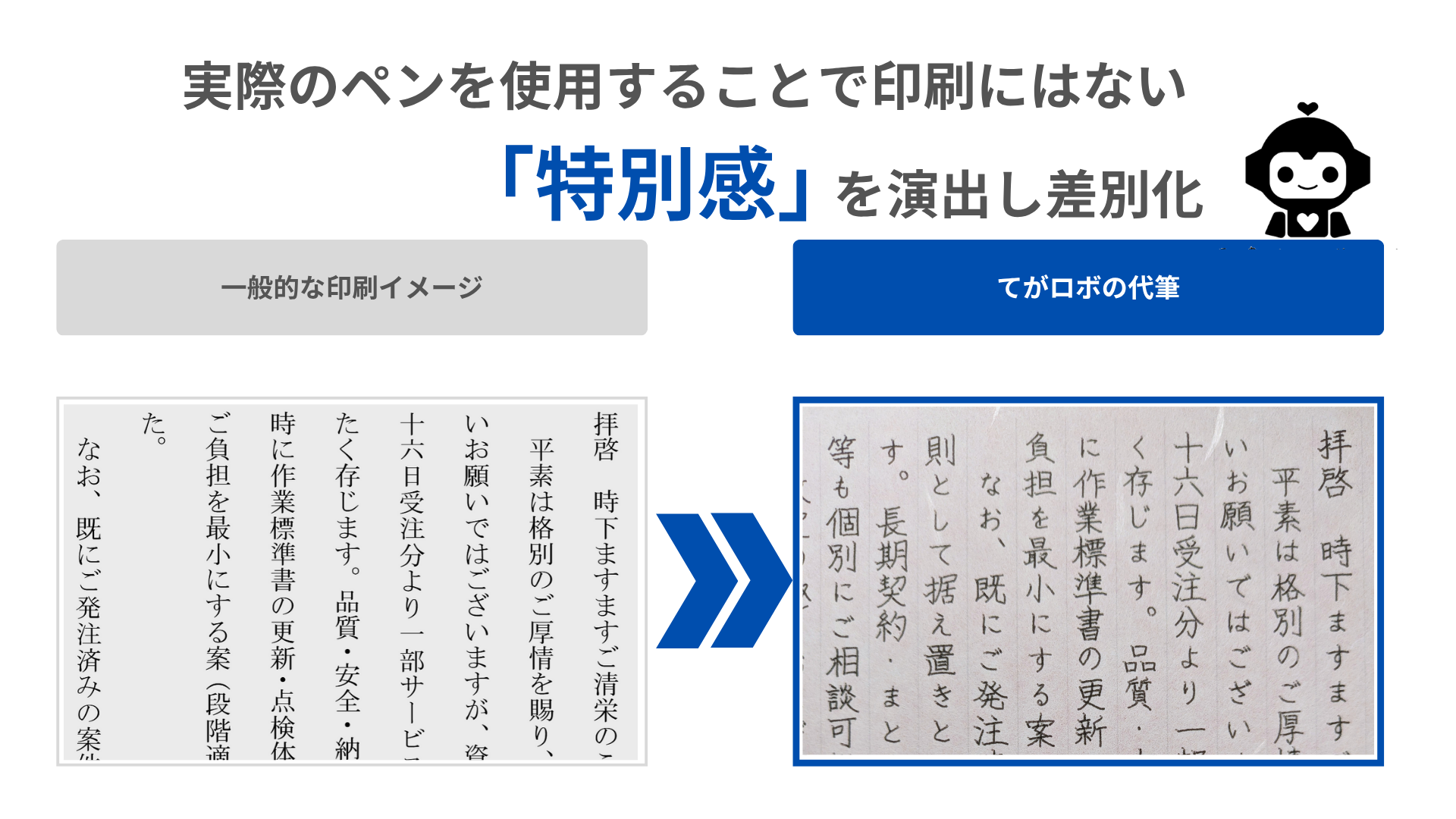 実際のペンを使用することで印刷にはない特別感を演出するイメージ。一般的な印刷とてがロボの代筆の比較。