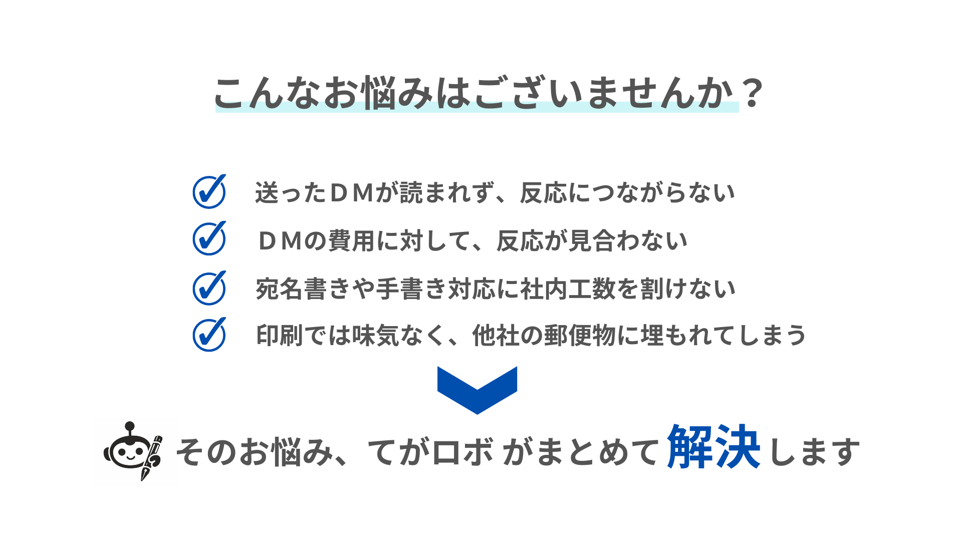 こんなお悩みはありませんか？顧客に手紙を送付しても読まれない、DMの費用ばかりかかり成果が上がらない、宛名やメッセージを書く時間がないなどの悩みをてがロボが解決します
